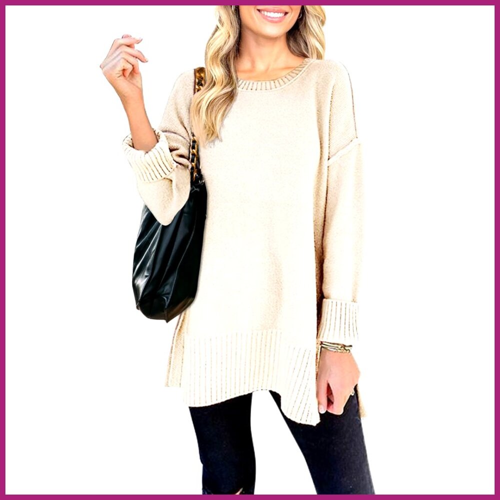 Oversized Pullover Sweater Long Sleeve Crew Neck Side Split